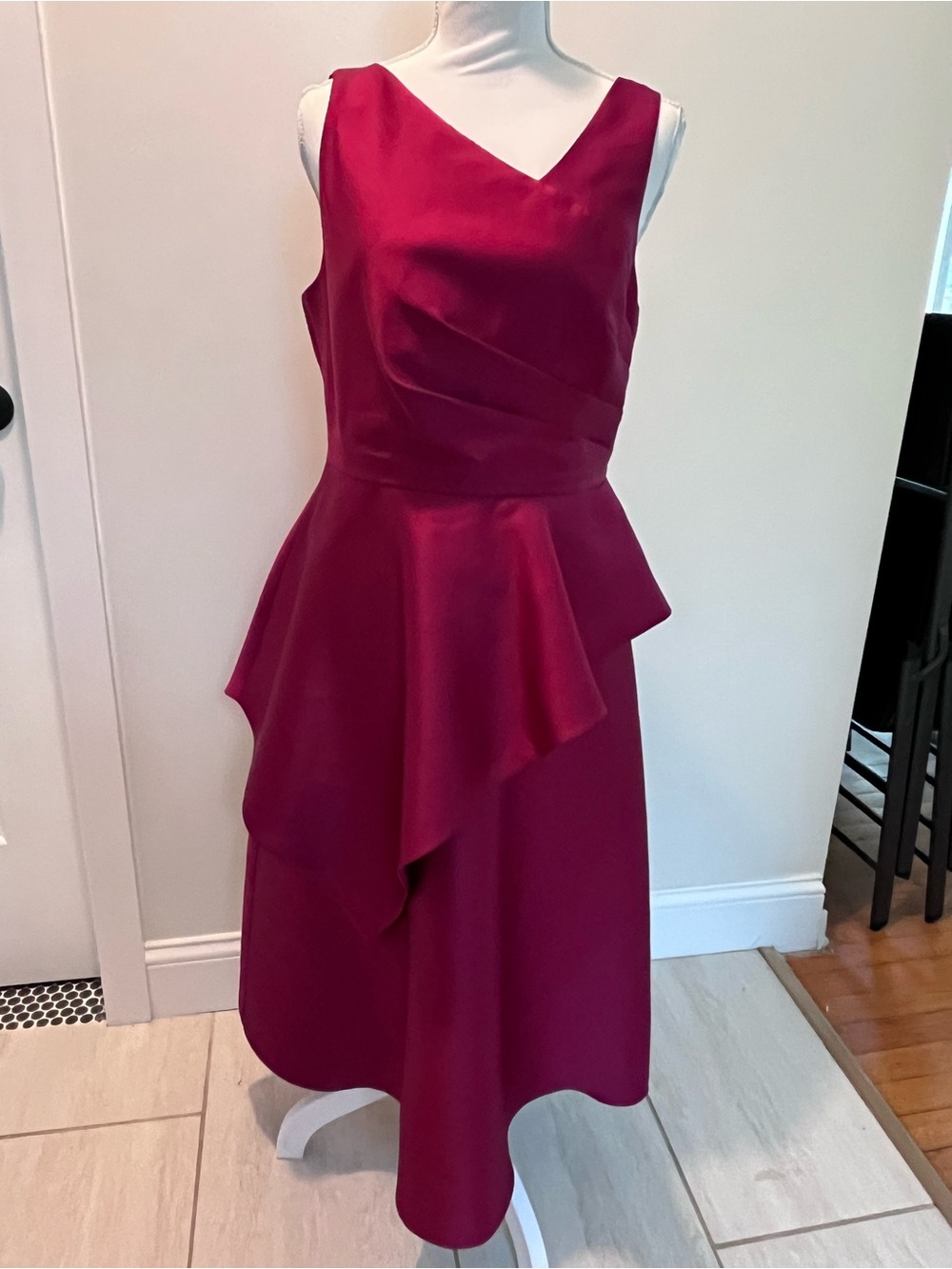 Adrianna Papell Sleeveless V-Neck Fuchsia Peplum Midi Dress